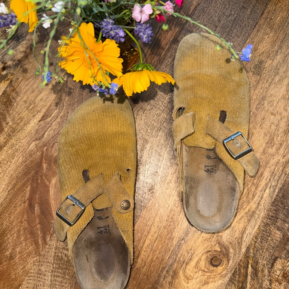 Birkenstock Brown Flats with Suede Finish and Buckle Straps